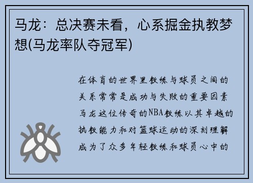 马龙：总决赛未看，心系掘金执教梦想(马龙率队夺冠军)