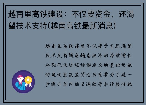 越南里高铁建设：不仅要资金，还渴望技术支持(越南高铁最新消息)