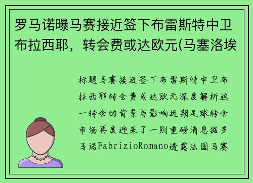 罗马诺曝马赛接近签下布雷斯特中卫布拉西耶，转会费或达欧元(马塞洛埃布拉德)