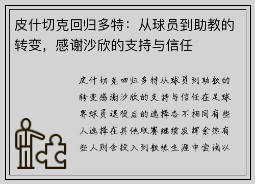 皮什切克回归多特：从球员到助教的转变，感谢沙欣的支持与信任