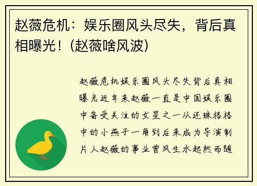 赵薇危机：娱乐圈风头尽失，背后真相曝光！(赵薇啥风波)