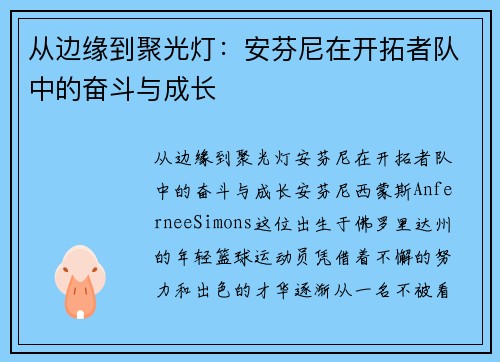 从边缘到聚光灯：安芬尼在开拓者队中的奋斗与成长