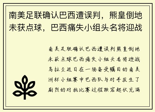 南美足联确认巴西遭误判，熊皇倒地未获点球，巴西痛失小组头名将迎战乌拉圭