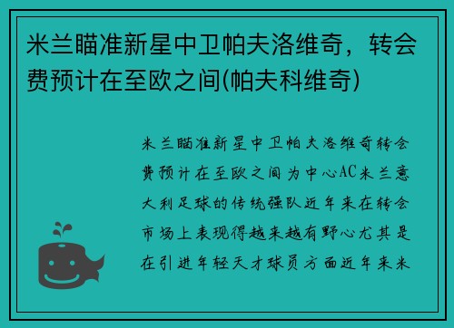 米兰瞄准新星中卫帕夫洛维奇，转会费预计在至欧之间(帕夫科维奇)