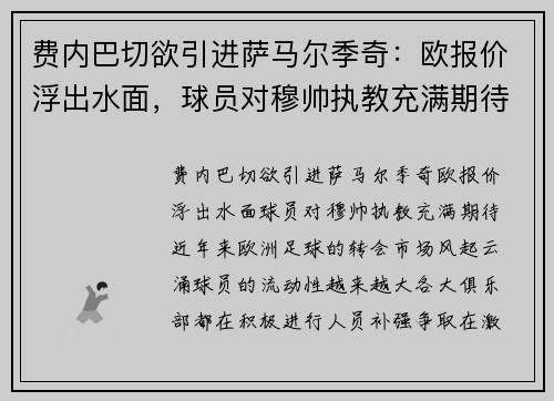 费内巴切欲引进萨马尔季奇：欧报价浮出水面，球员对穆帅执教充满期待